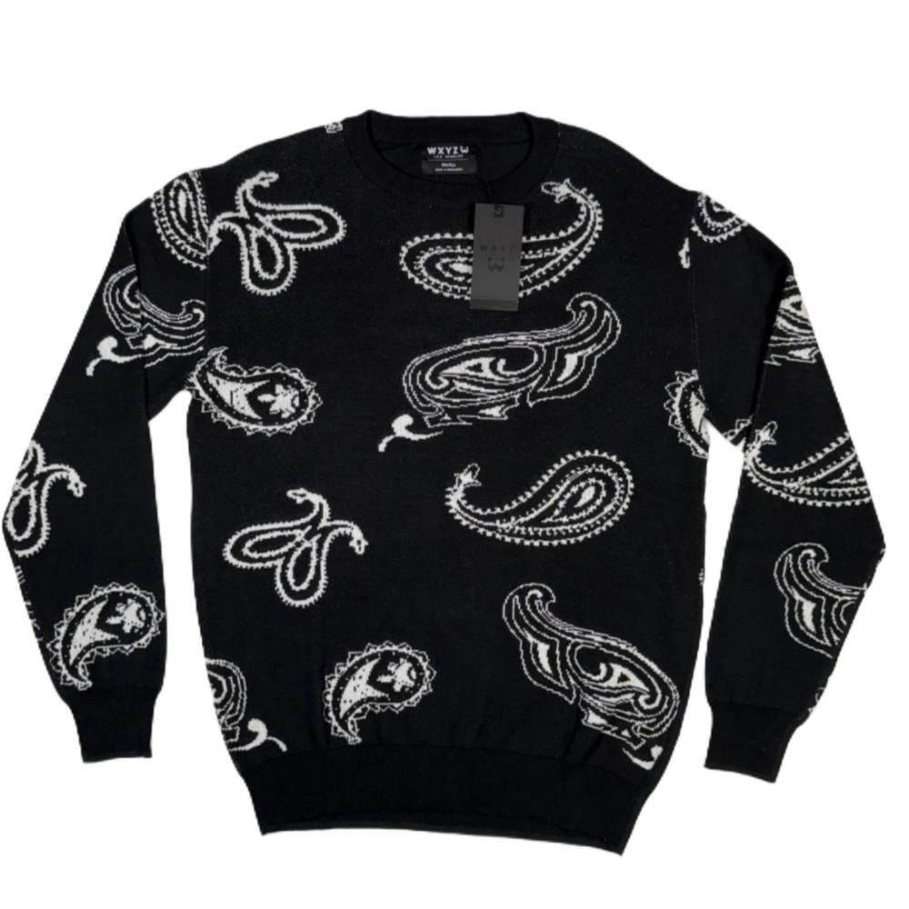 WXYZ Los Angeles Men's Crew Neck Sweater Size Medium Black Paisley Print Fancy
